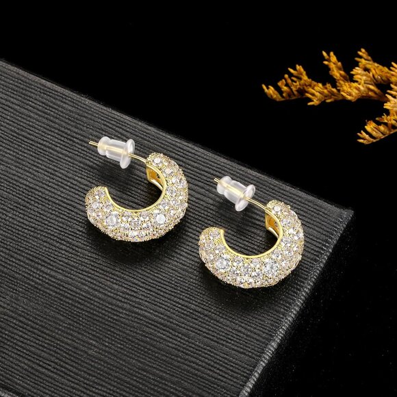Yellow Gold C-Shape Cubic Zirconia Stud Earrings with Sparkle & Hypoallergenic F - Picture 5 of 7
